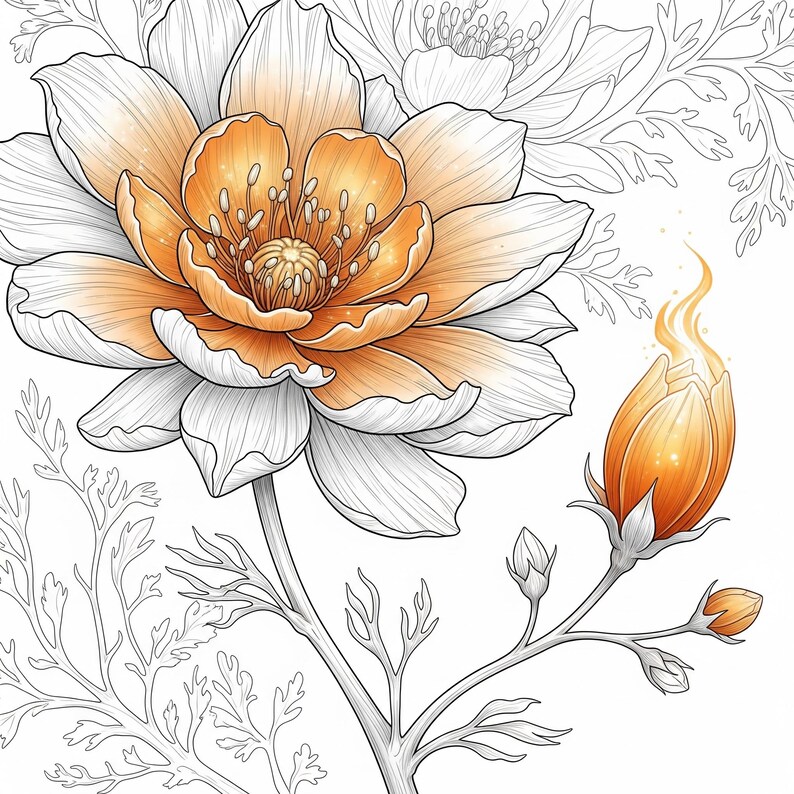 May include: A detailed illustration of a flower with orange and white petals. The flower's center is a vibrant orange with a textured appearance. A smaller, closed bud with orange hues and a flame-like shape emerges from the stem. The artwork is in a black and white line art style with color accents.