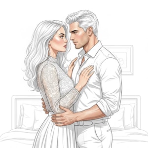 May include: An illustration of a couple in a romantic embrace. The woman wears a white lace dress, and the man is in a white button-down shirt. They are looking at each other, with a bed and a framed picture in the background.