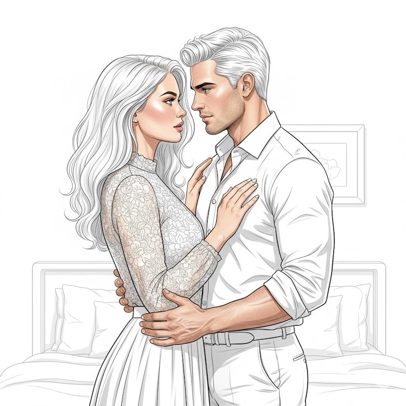 May include: An illustration of a couple in a romantic embrace. The woman wears a white lace dress, and the man is in a white button-down shirt. They are looking at each other, with a bed and a framed picture in the background.