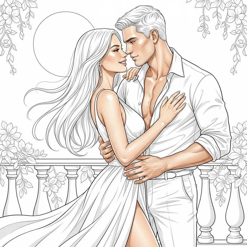 May include: An illustration of a couple embracing, set against a balcony with floral accents and a full moon. The woman wears a flowing white dress, and the man is in a white shirt and pants. The image is a romantic, black and white drawing.