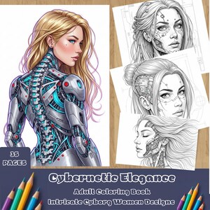 サイバネティック・エレガンス大人向け塗り絵、複雑なサイボーグ女性のデザインが満載の印刷可能なPDF