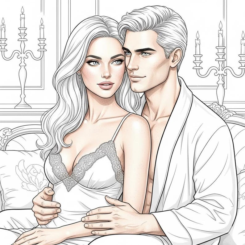 May include: A black and white illustration of a couple embracing. The woman wears a white lace-trimmed slip, and the man is in a white robe. The background includes ornate candelabras and a decorative headboard.