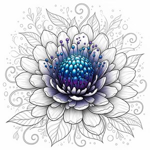 May include: A detailed black and white floral illustration. The central focus is a large flower with layered petals in shades of white and a gradient center of blue and purple. Delicate leaves and swirling vines surround the flower, with small dots adding detail.