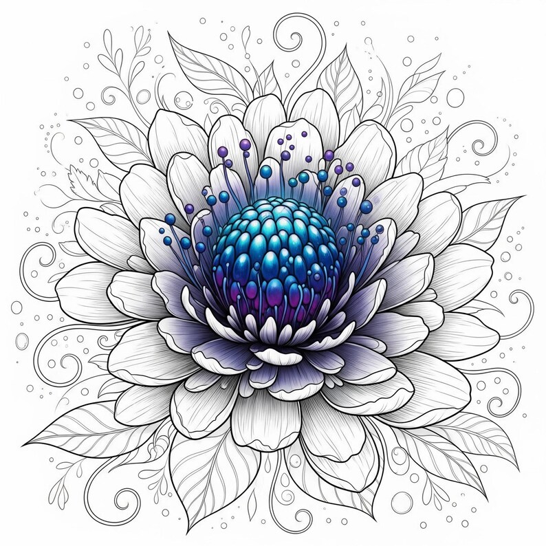 May include: A detailed black and white floral illustration. The central focus is a large flower with layered petals in shades of white and a gradient center of blue and purple. Delicate leaves and swirling vines surround the flower, with small dots adding detail.