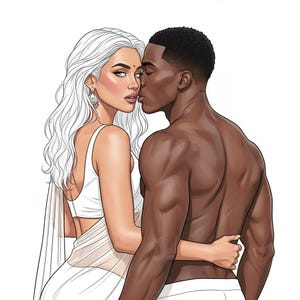 May include: An illustration of a couple in a tender embrace. The woman, with silver hair and a white dress, gazes at the viewer. The man, with dark skin, is shirtless. The image has a soft, romantic feel, with a focus on the couple's connection.