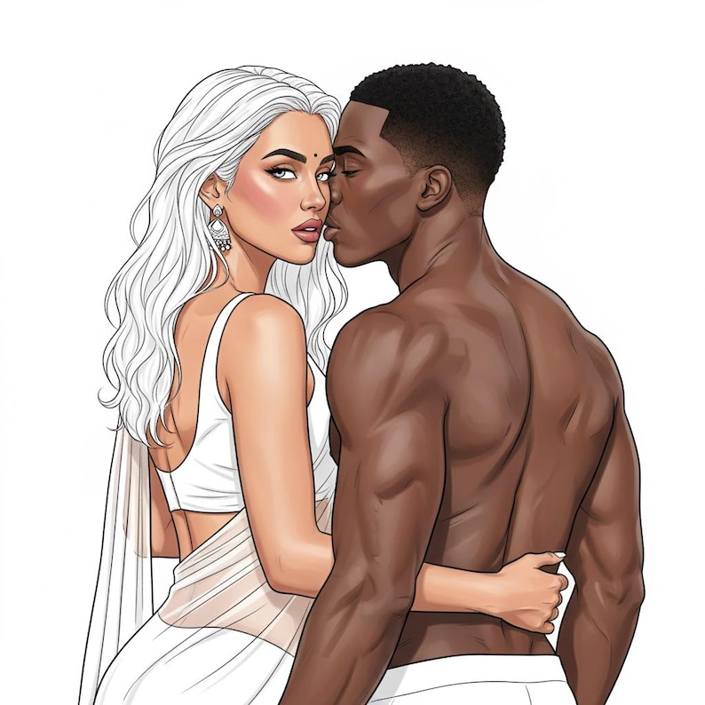 May include: An illustration of a couple in a tender embrace. The woman, with silver hair and a white dress, gazes at the viewer. The man, with dark skin, is shirtless. The image has a soft, romantic feel, with a focus on the couple's connection.