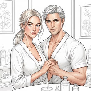 May include: Illustration of a couple in white robes, holding hands, with a spa-like setting. The image features candles, towels, and bottles, suggesting a relaxation or wellness theme. The artwork is a line drawing with soft shading.