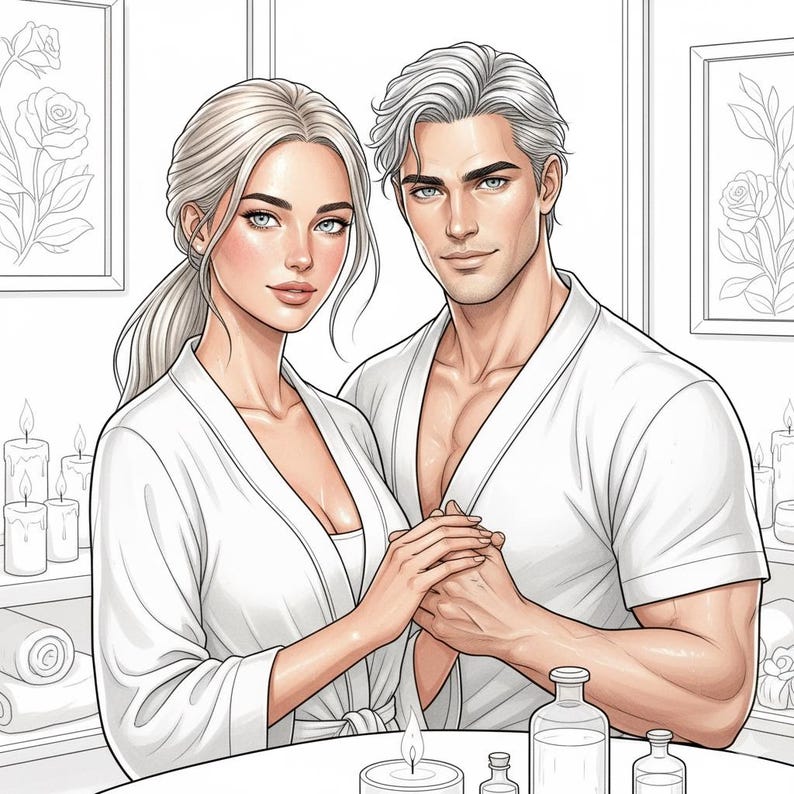 May include: Illustration of a couple in white robes, holding hands, with a spa-like setting. The image features candles, towels, and bottles, suggesting a relaxation or wellness theme. The artwork is a line drawing with soft shading.