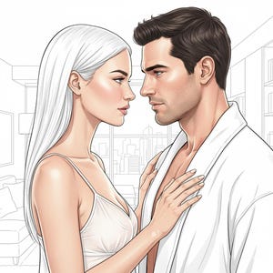 May include: Illustration of a man and woman gazing at each other. The woman has long white hair and wears a white camisole. The man wears a white robe. The background shows a city skyline.