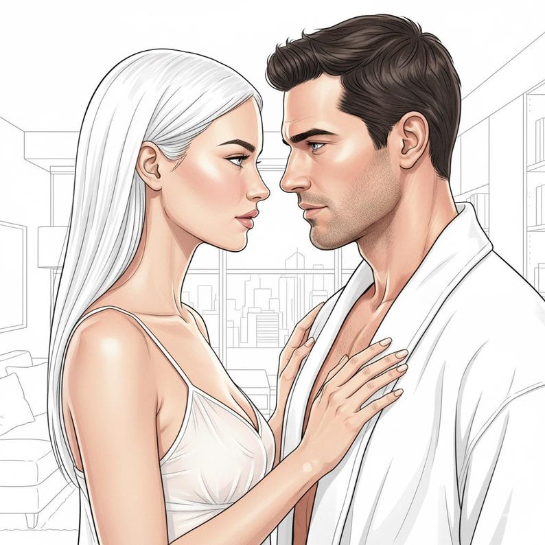 May include: Illustration of a man and woman gazing at each other. The woman has long white hair and wears a white camisole. The man wears a white robe. The background shows a city skyline.