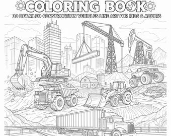 Heavy Machinery Coloring Book, Construction Vehicles Line Art