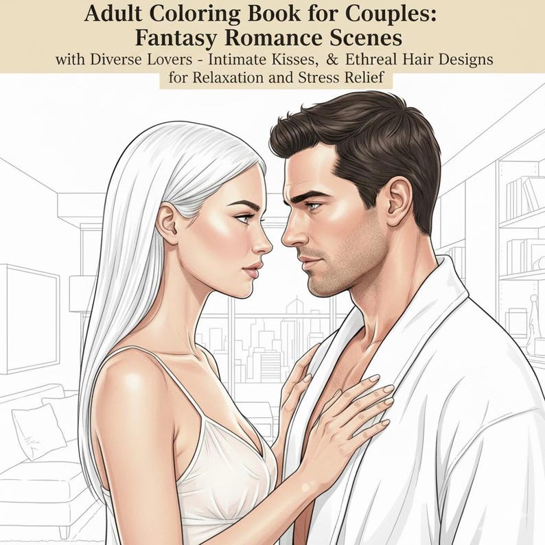 May include: An adult coloring book cover featuring a couple in a romantic embrace. The book's title reads "Adult Coloring Book for Couples: Fantasy Romance Scenes." The cover art depicts a man and woman in a tender moment, with text promoting relaxation and stress relief.