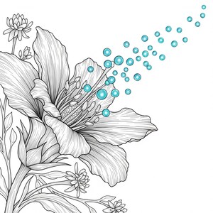Detailed blooming flower with sparkling dew drops from Botanical Fantasy Coloring Book, 30 printable art pages digital download, intricate black and white line art for adult coloring.