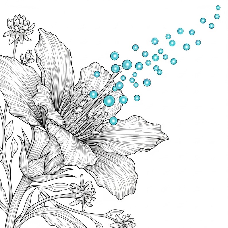 Detailed blooming flower with sparkling dew drops from Botanical Fantasy Coloring Book, 30 printable art pages digital download, intricate black and white line art for adult coloring.