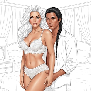 May include: Illustration of a couple in a bedroom setting. The woman is wearing a white lace bra and matching underwear. The man is wearing a white button-down shirt. The background includes a bed, nightstand, and curtains.
