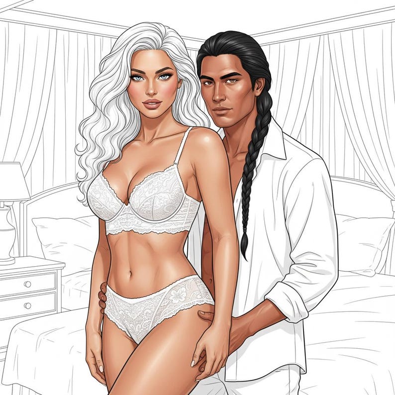 May include: Illustration of a couple in a bedroom setting. The woman is wearing a white lace bra and matching underwear. The man is wearing a white button-down shirt. The background includes a bed, nightstand, and curtains.