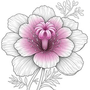 Delicate pink fantasy flower with layered petals and glowing center from Botanical Fantasy Coloring Book, 30 printable art pages digital download, detailed black and white line art for adult coloring
