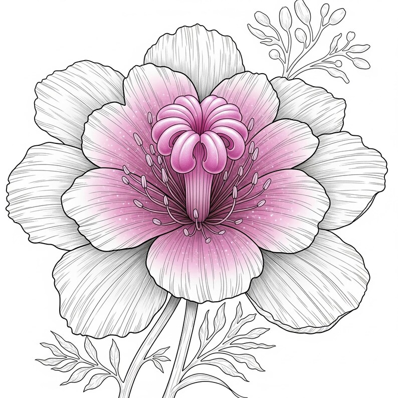 Delicate pink fantasy flower with layered petals and glowing center from Botanical Fantasy Coloring Book, 30 printable art pages digital download, detailed black and white line art for adult coloring