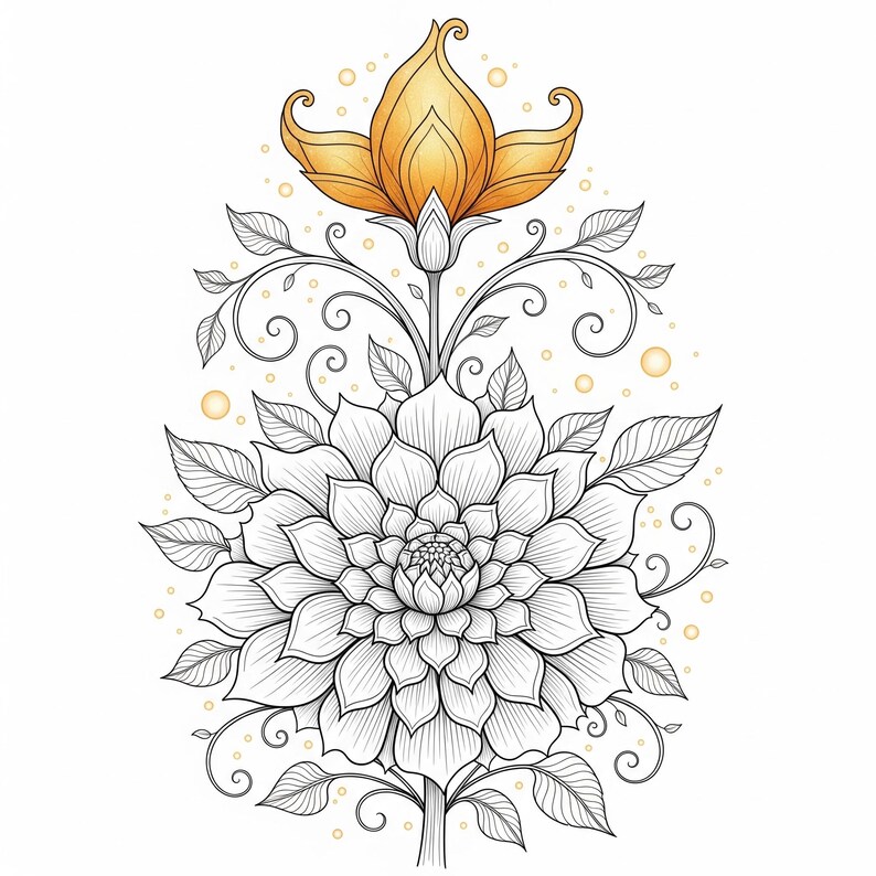 Ornate golden fantasy lotus mandala flower with swirling vines and glowing details from Botanical Fantasy Coloring Book, 30 printable art pages digital download, intricate black and white line art for adult coloring