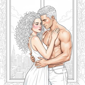 May include: Illustration of a couple embracing, with a cityscape visible through a window. The woman wears a white dress, and the man is shirtless, in white jeans. The artwork is in a detailed, semi-realistic style, with soft shading and a focus on the figures' expressions.