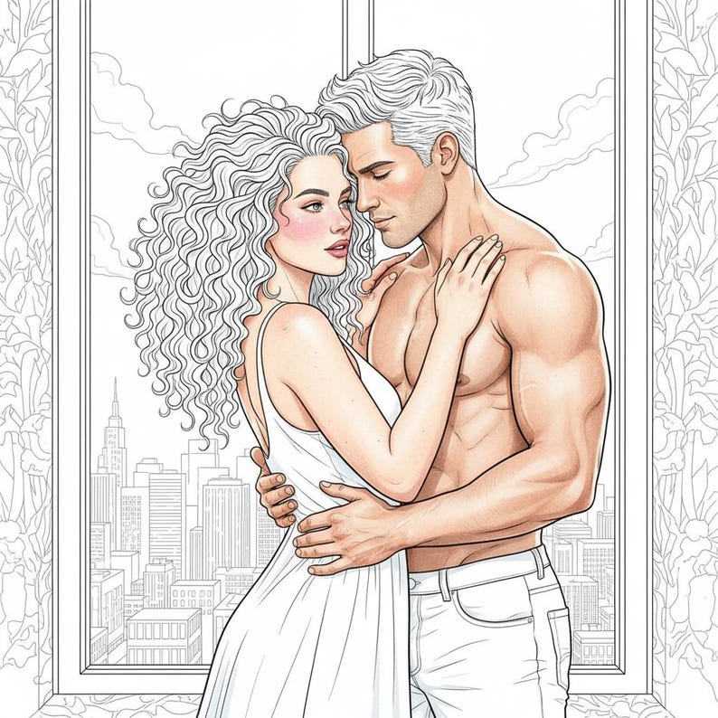 May include: Illustration of a couple embracing, with a cityscape visible through a window. The woman wears a white dress, and the man is shirtless, in white jeans. The artwork is in a detailed, semi-realistic style, with soft shading and a focus on the figures' expressions.
