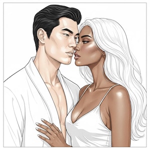 May include: Illustration of a man and woman in a tender embrace. The man, with dark hair, wears a white robe. The woman, with flowing white hair, is in a white camisole. Their faces are close, suggesting intimacy, with a soft, romantic aesthetic.