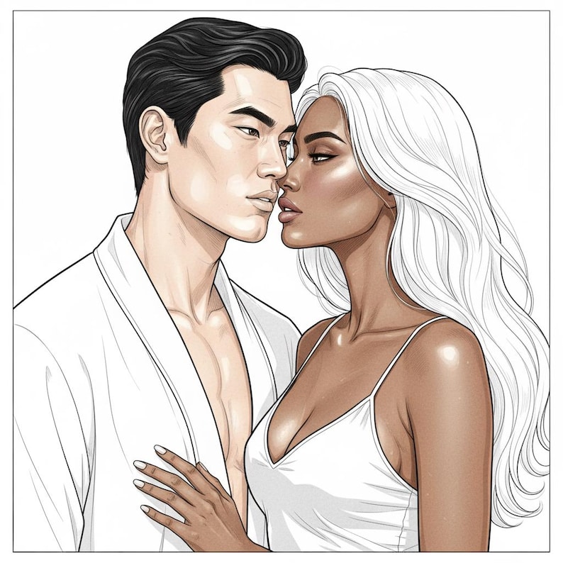 May include: Illustration of a man and woman in a tender embrace. The man, with dark hair, wears a white robe. The woman, with flowing white hair, is in a white camisole. Their faces are close, suggesting intimacy, with a soft, romantic aesthetic.