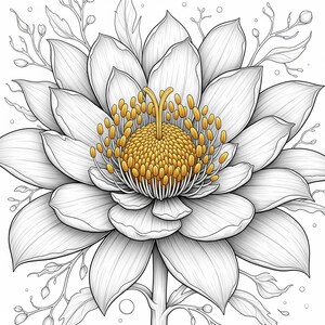 Intricate lotus flower with detailed petals and leaves from Botanical Fantasy Coloring Book, 30 printable art pages digital download, black and white line art for adult coloring.