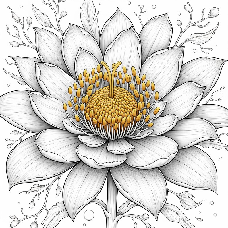 Intricate lotus flower with detailed petals and leaves from Botanical Fantasy Coloring Book, 30 printable art pages digital download, black and white line art for adult coloring.