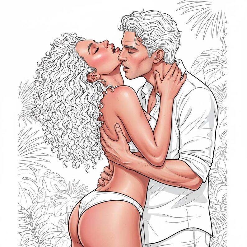 May include: An illustration of a couple embracing and kissing. The woman has curly hair and is wearing a white bikini. The man is wearing a white shirt. Tropical foliage is in the background.