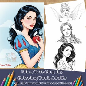 Op de afbeelding: Een kleurboek met een illustratie van Sneeuwwitje die een appel vasthoudt, met de tekst "Snow White" in de hoek. Extra pagina's tonen lijntekeningen van sprookjesfiguren. De cover luidt "Fairy Tale Cosplay Coloring Book Adults."