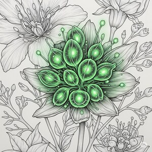 Magical glowing emerald green fantasy flower with sparkling crystal center from Botanical Fantasy Coloring Book, 30 printable art pages digital download, detailed black and white line art for adult coloring