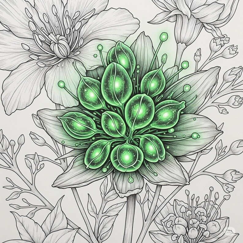 Magical glowing emerald green fantasy flower with sparkling crystal center from Botanical Fantasy Coloring Book, 30 printable art pages digital download, detailed black and white line art for adult coloring