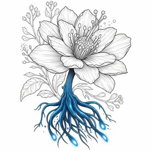 May include: A detailed illustration of a large white flower with a blue root system. The flower's petals are intricately lined, and the stem transitions into a network of blue roots with glowing tips. Delicate leaves and buds surround the flower, creating a fantasy-like botanical design.
