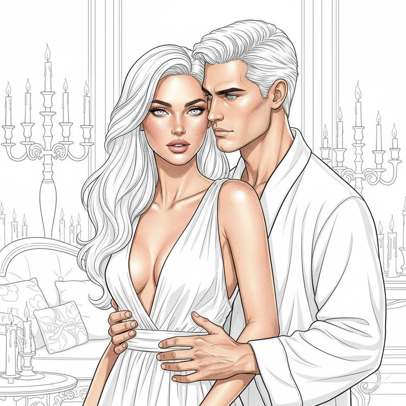 May include: Illustration of a couple in a romantic embrace. The woman wears a white, low-cut dress, and the man is in a white robe. The background features candles and a decorative interior, creating a classic, elegant theme.