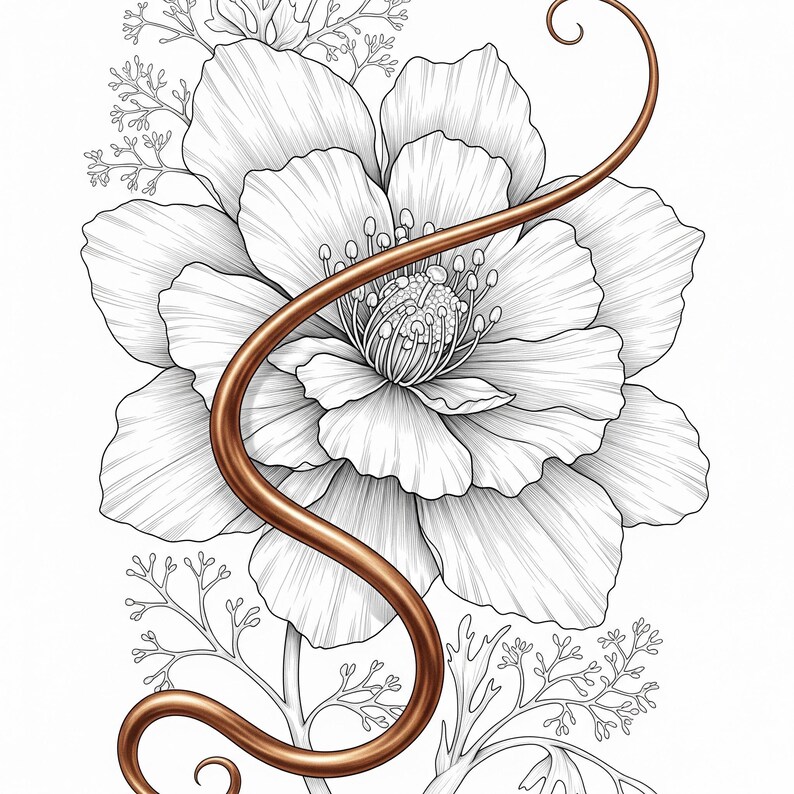 Fantasy peony flower with swirling bronze ribbon center from Botanical Fantasy Coloring Book, 30 printable art pages digital download, intricate black and white line art for adult coloring