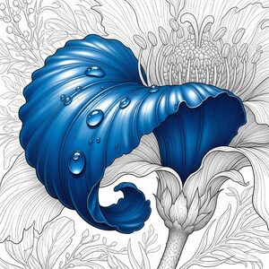 Swirling blue seashell-like flower with water droplets from Botanical Fantasy Coloring Book, 30 printable art pages digital download, fantasy botanical line drawing for coloring.