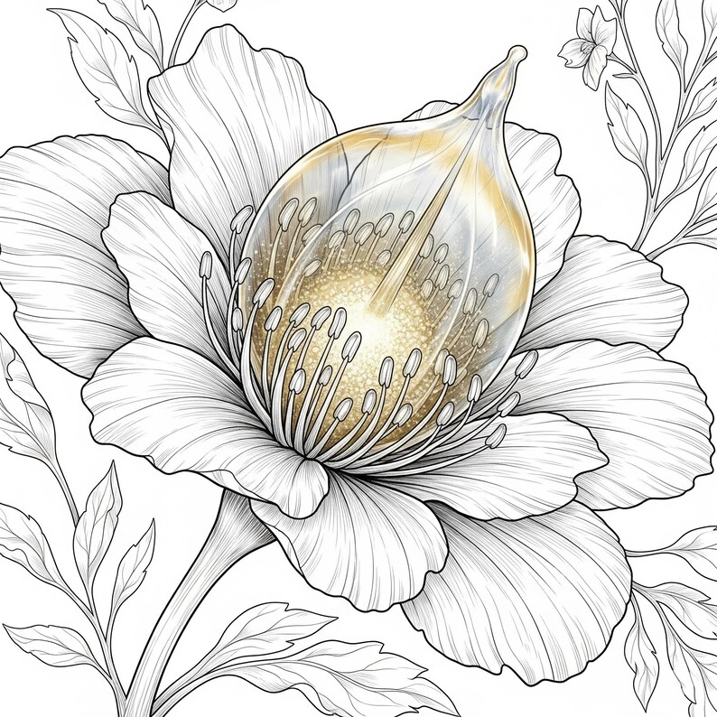 Fantasy flower with golden glowing center and translucent petals from Botanical Fantasy Coloring Book, 30 printable art pages digital download, intricate black and white line art for adult coloring