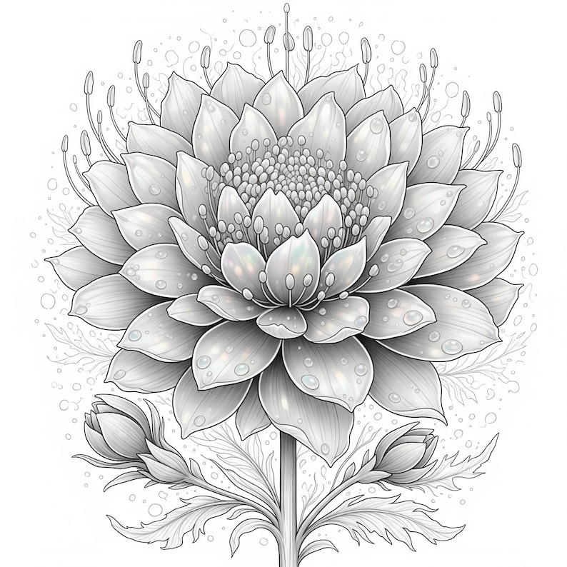 Layered chrysanthemum flower with detailed petals from Botanical Fantasy Coloring Book, 30 printable art pages digital download, realistic black and white floral art for adult coloring.
