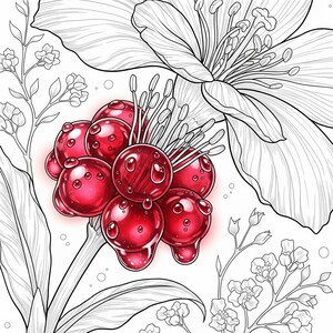 Fantasy flower with ruby red jewel-like berries and dew drops from Botanical Fantasy Coloring Book, 30 printable art pages digital download, detailed black and white line art for adult coloring
