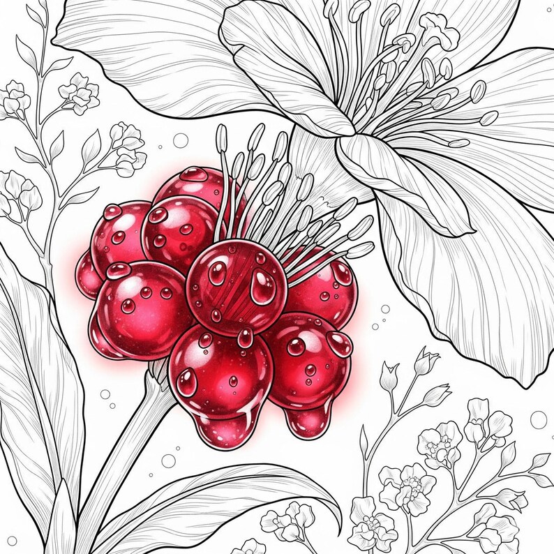 Fantasy flower with ruby red jewel-like berries and dew drops from Botanical Fantasy Coloring Book, 30 printable art pages digital download, detailed black and white line art for adult coloring