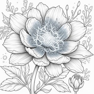 Intricate fantasy flower with detailed petals, glowing center, and sparkling dew drops from Botanical Fantasy Coloring Book, 30 printable art pages digital download, black and white line art for adult coloring.