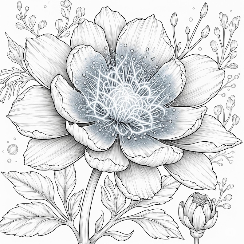 Intricate fantasy flower with detailed petals, glowing center, and sparkling dew drops from Botanical Fantasy Coloring Book, 30 printable art pages digital download, black and white line art for adult coloring.