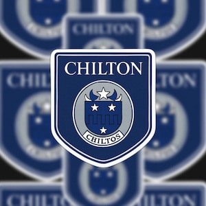 May include: A navy blue and white shield-shaped emblem with the word "CHILTON" at the top. The emblem features a circular design with stars and a stylized design. The word "CHILTONS" is at the bottom. The background has a blurred pattern of the same emblem.