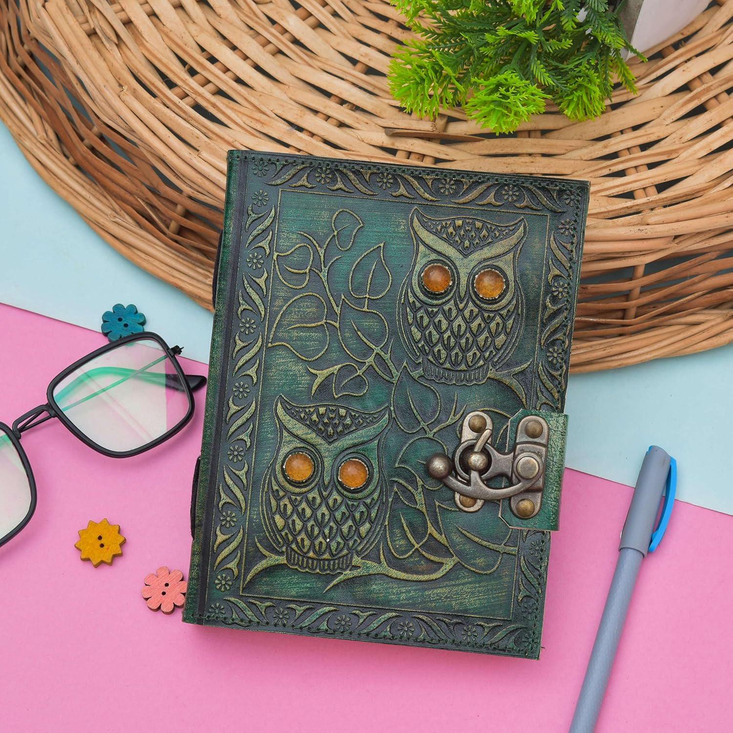 A5 Leather Journal Owl Embossed Vintage Cover Leather Diary Handmade 200 Paper For Artist Medieval B