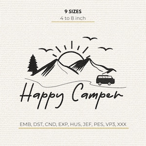 以下が含まれることがあります： 山脈、昇る太陽、鳥、キャンピングカー、そしてHappy Camperという文字が描かれた黒いミシン刺繍デザイン。4から8インチまでの9サイズ展開で、EMB、DST、CND、EXP、HUS、JEF、PES、VP3、XXXのファイル形式に対応しています。