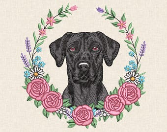 Floral Black Labrador Retriever Embroidery Design: Pet Lover, Flower & Dog Machine File DST PES