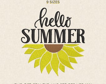 Hallo Sommer Sonnenblume Stickdatei, Floral Typografie Muster, Sunny Maschinenstickdatei DST PES