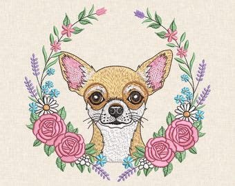 Floral Chihuahua Embroidery Design, Dog Portrait Pattern, Dog Mom Gift, Machine Stitch Files DST