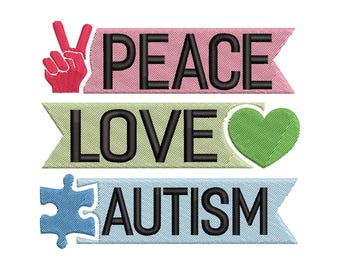 9 Sizes | Peace Love Autism Machine Embroidery Design, Awareness Ribbon Puzzle Pattern, Stitch Machine File DST